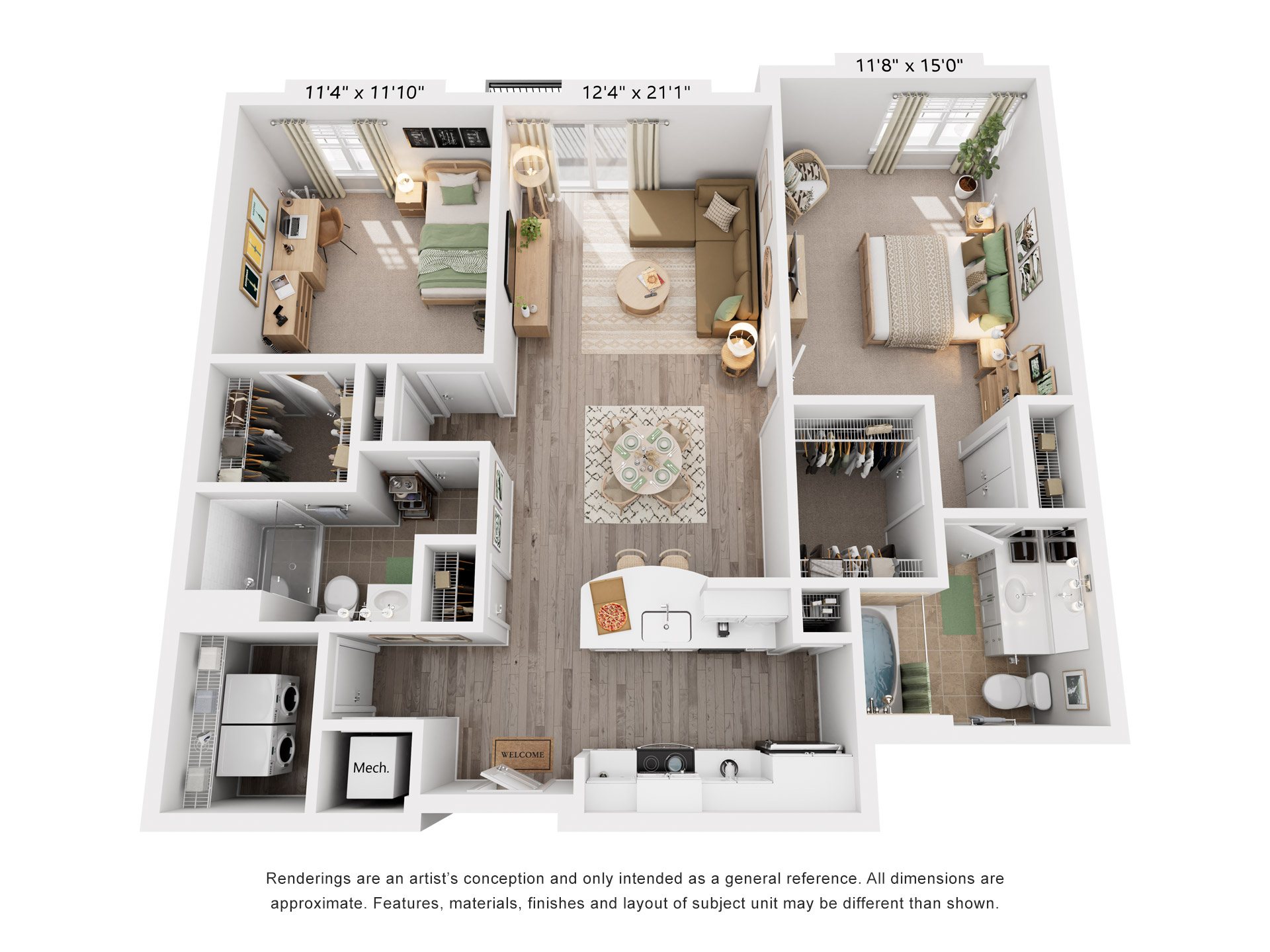 Floor plan for 2 beds, 2 baths, 1139 sqft