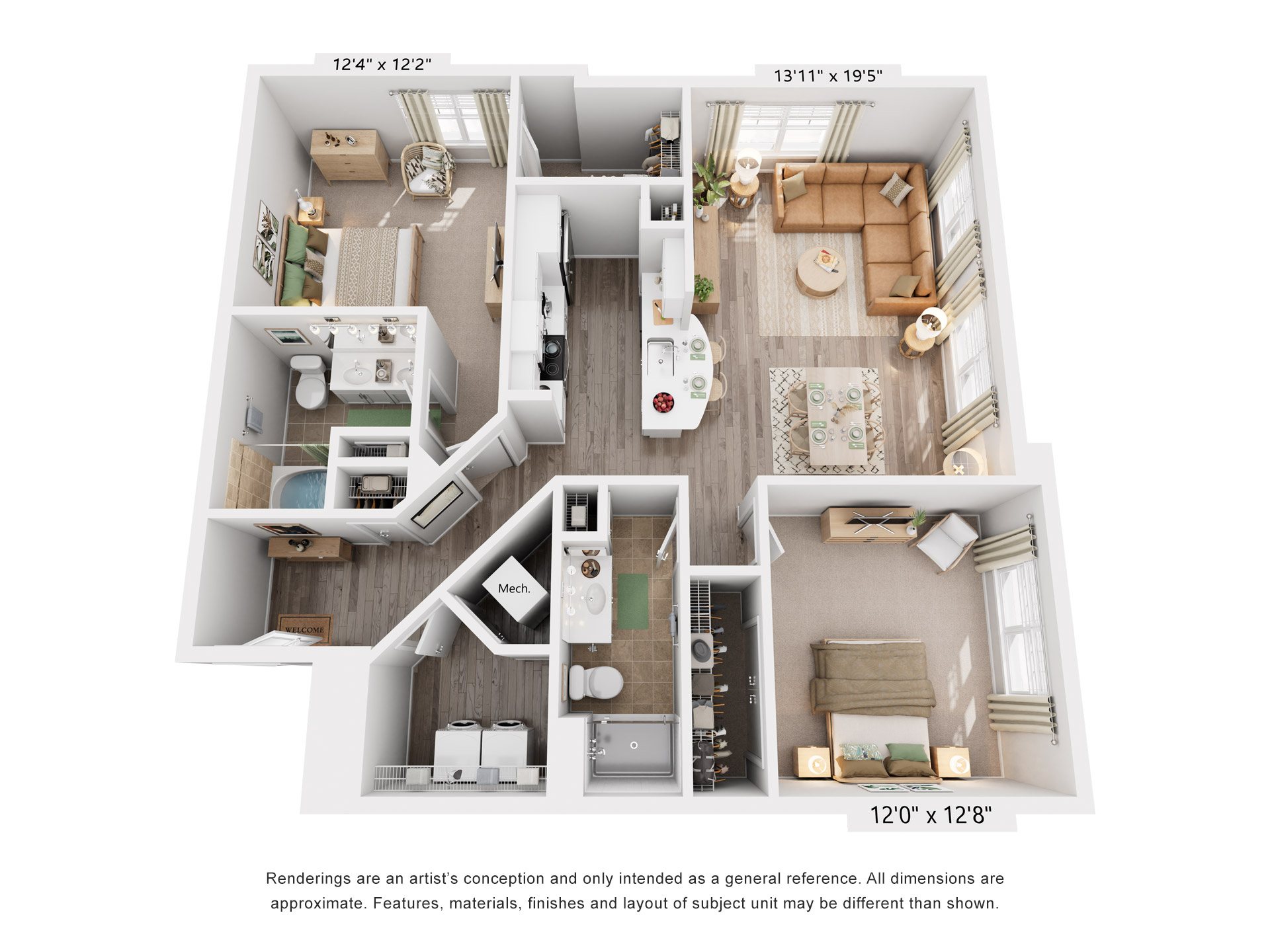 Floor plan for 2 beds, 2 baths, 1217 sqft