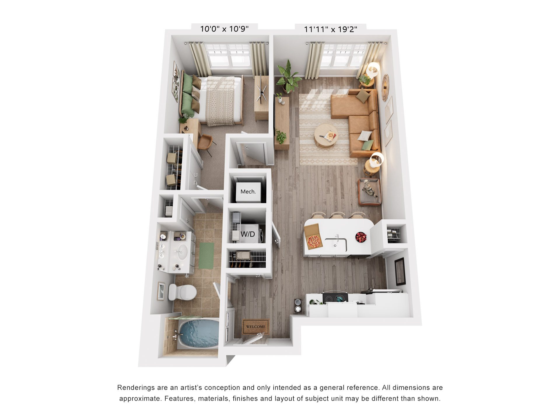 Floor plan for 1 bed, 1 bath, 705 sqft