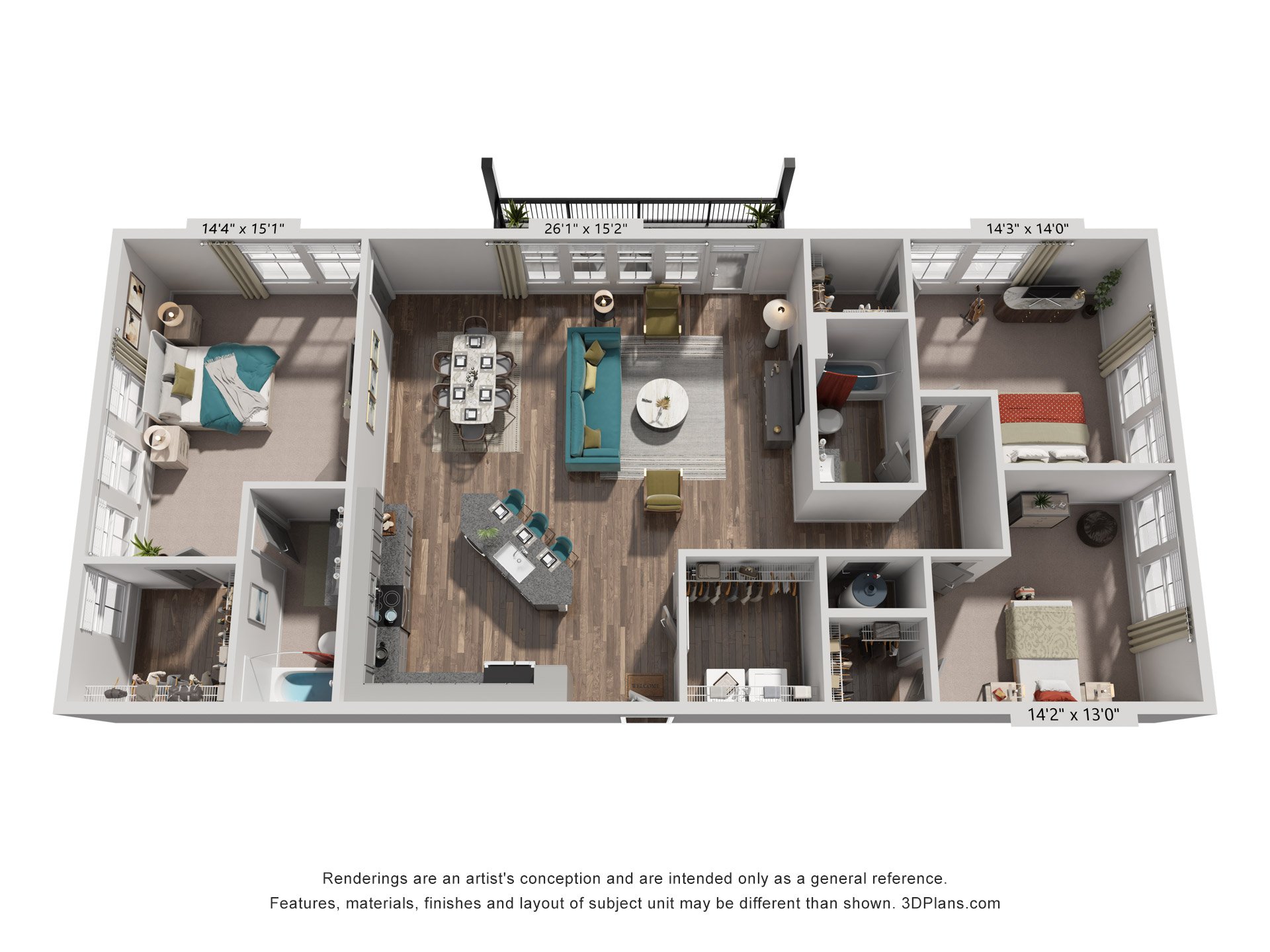 Floor plan for 3 beds, 2 baths, 1827 sqft