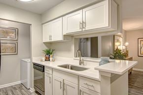 Midlothian apartment for rent - a kitchen with white cabinets and a sink at Hunters Chase Apartments, Midlothian, Virginia