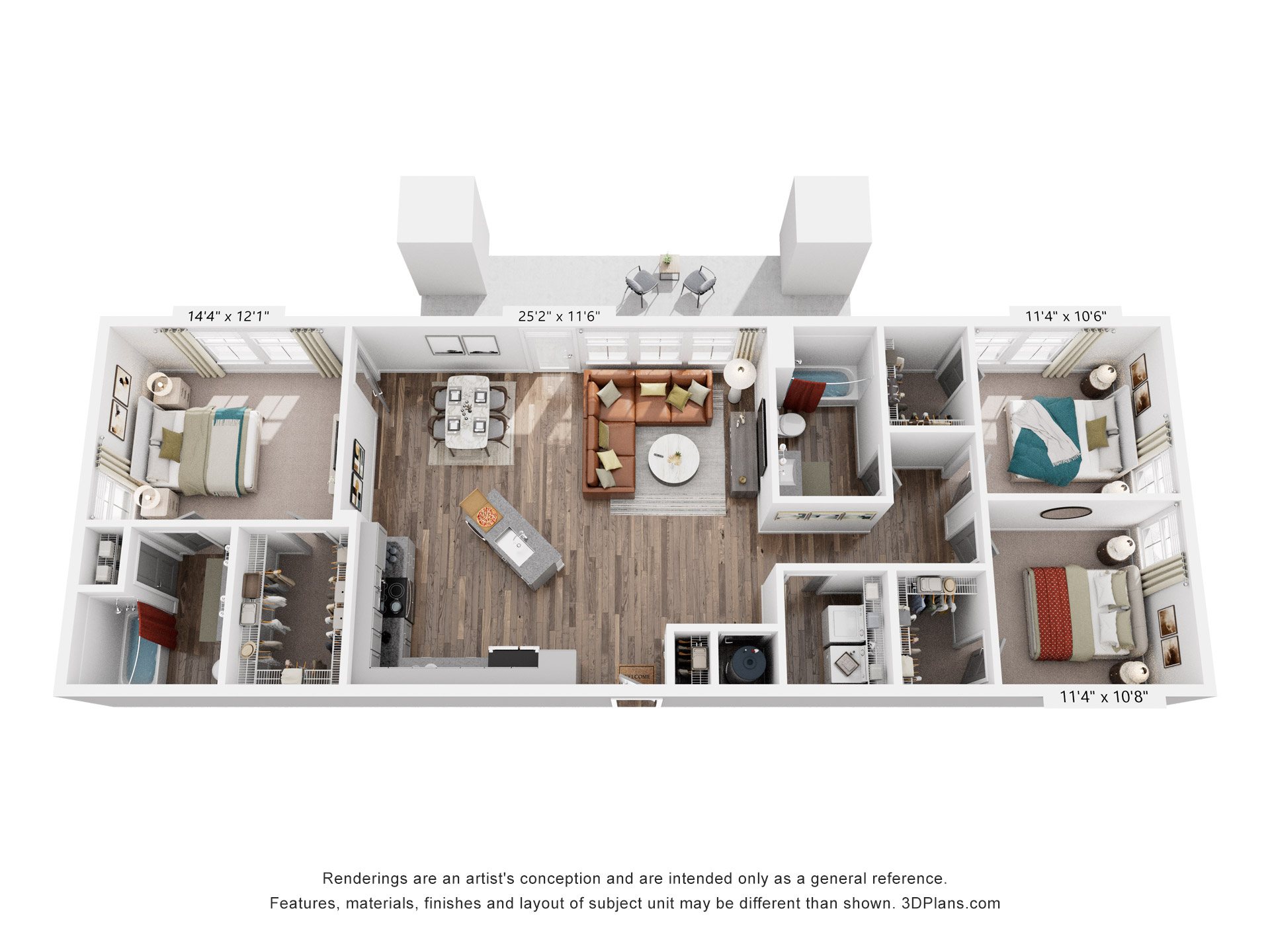 Floor plan for 3 beds, 2 baths, 1386 sqft