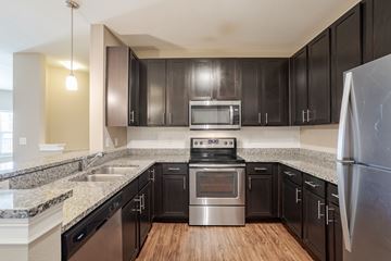 Hixson apartment for rent - A kitchen with black cabinets and stainless steel appliances.