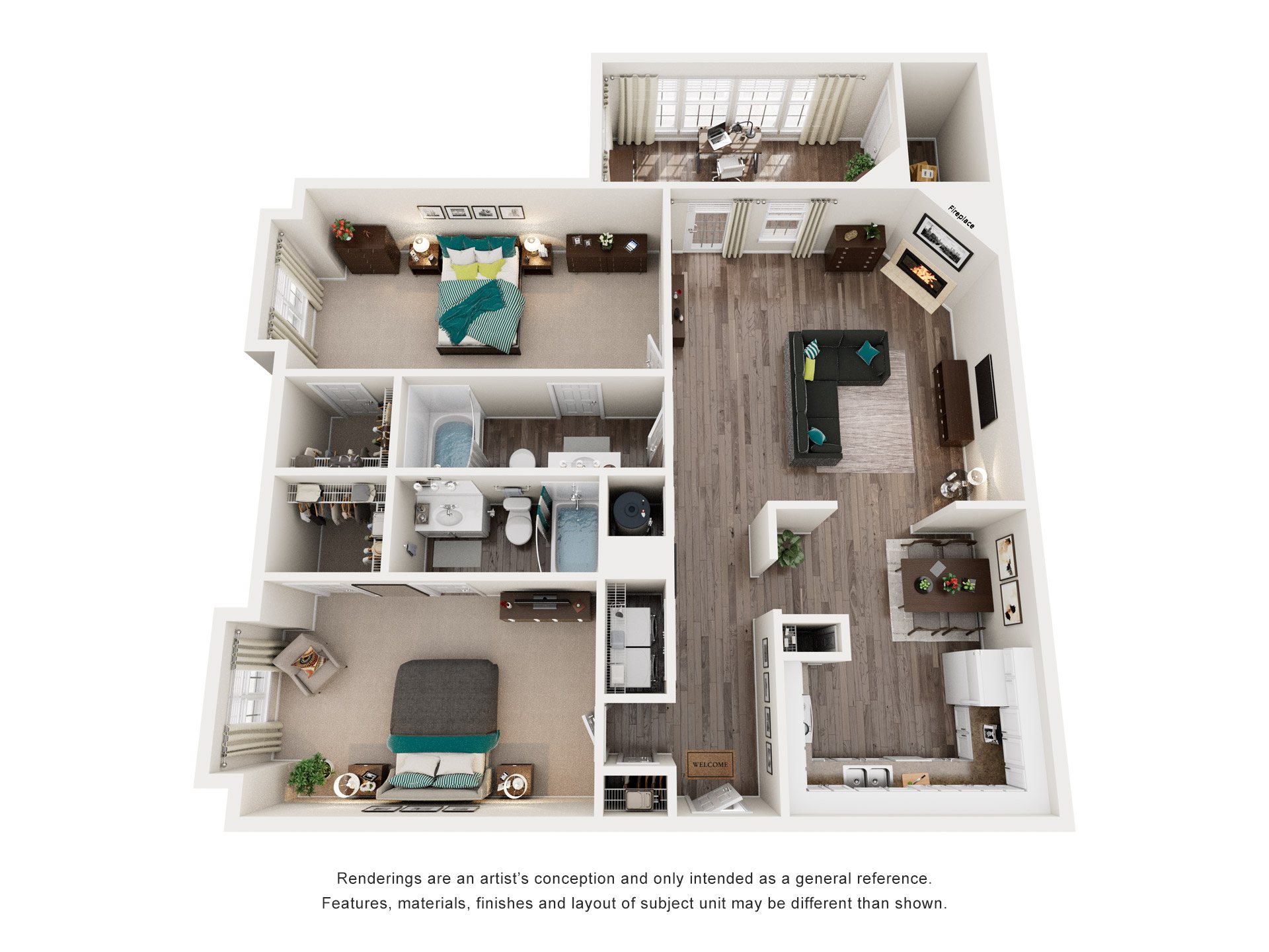Floor plan for 2 beds, 2 baths, 1213 sqft
