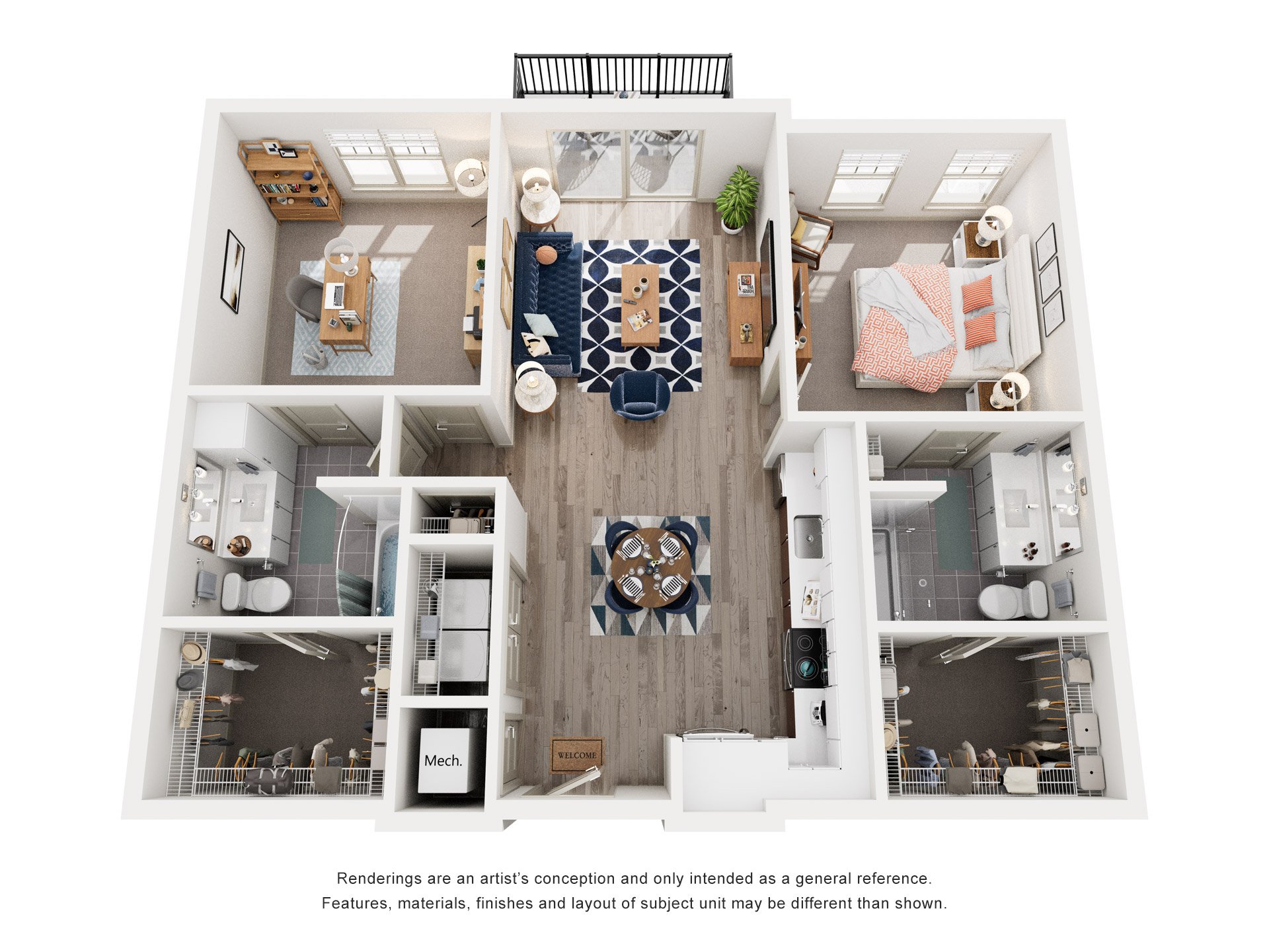 Floor plan for 2 beds, 2 baths, 1129 sqft