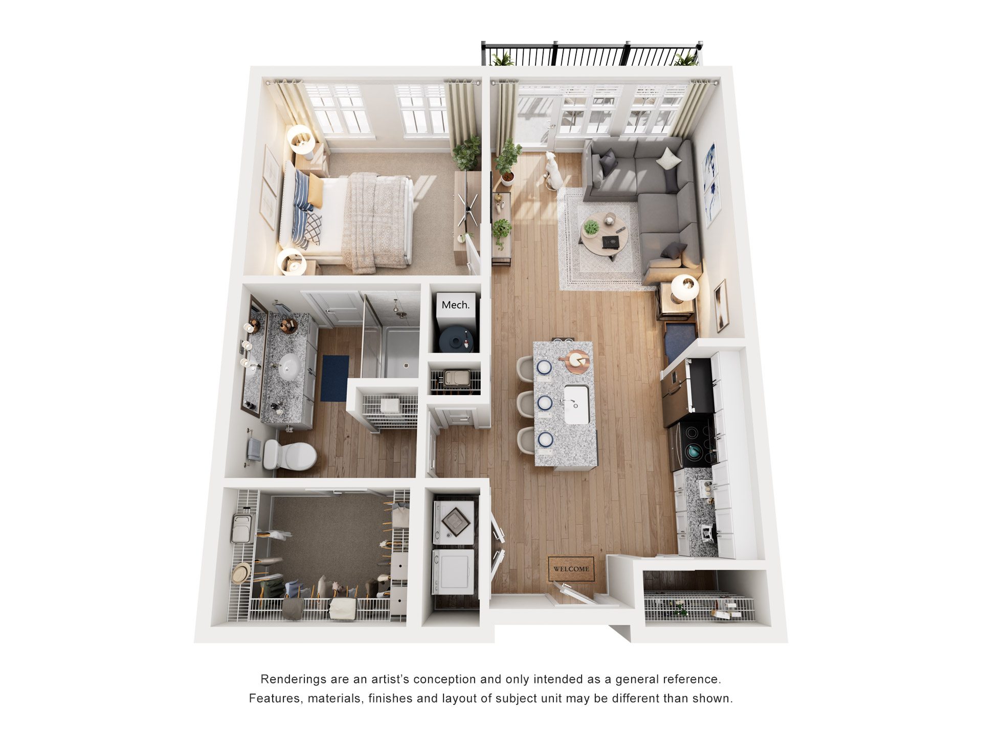 Floor plan for 1 bed, 1 bath, 781 sqft