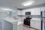 Chattanooga apartment for rent - A modern kitchen with white cabinets and stainless steel appliances.