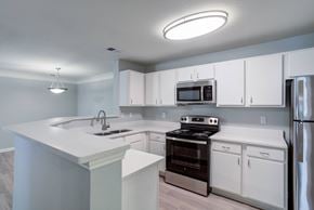 Chattanooga apartment for rent - A modern kitchen with white cabinets and stainless steel appliances.