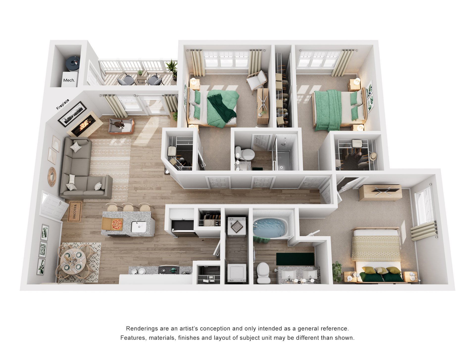Floor plan for 3 beds, 2 baths, 1273 sqft