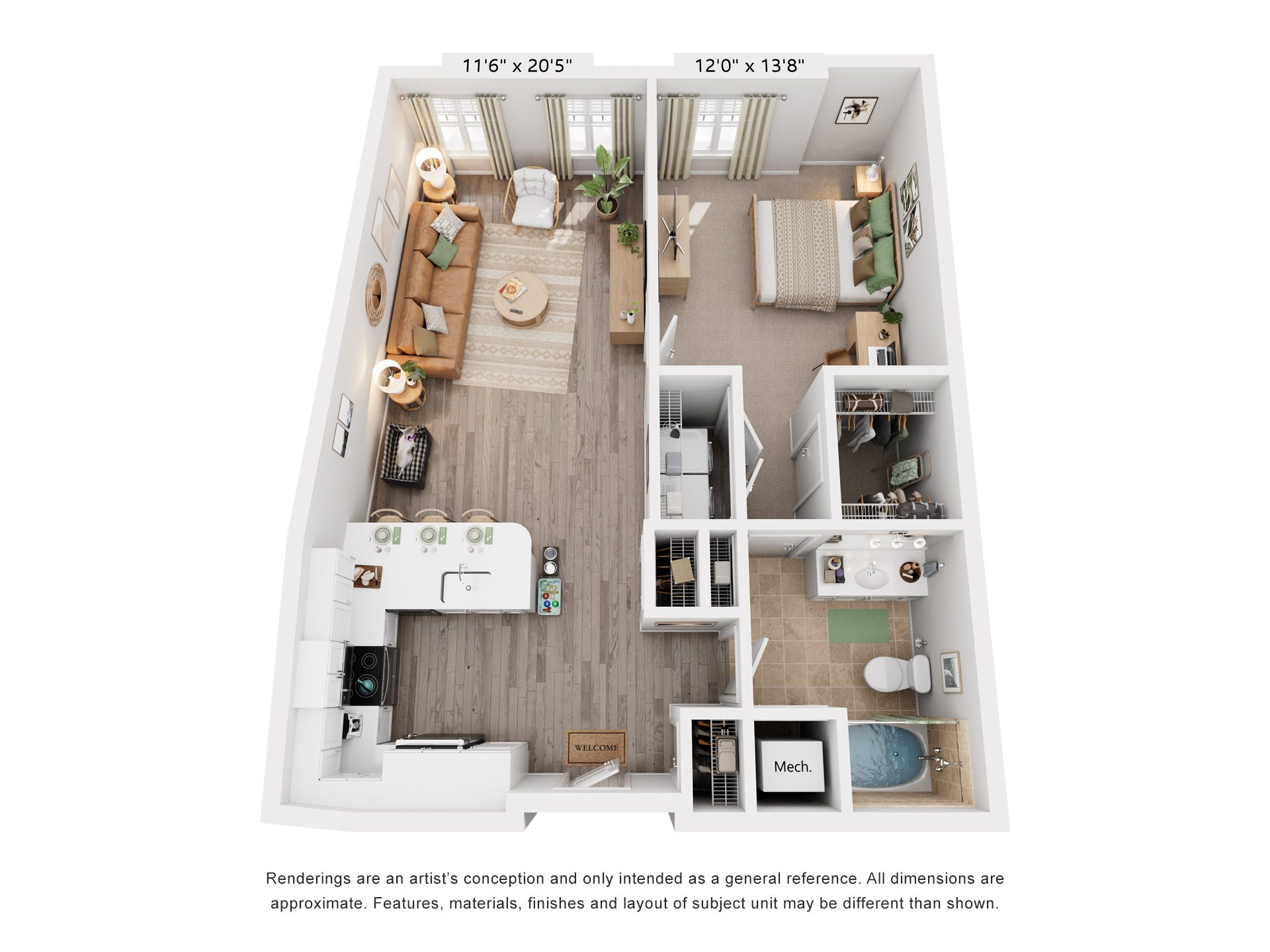 Floor plan for 1 bed, 1 bath, 836 sqft