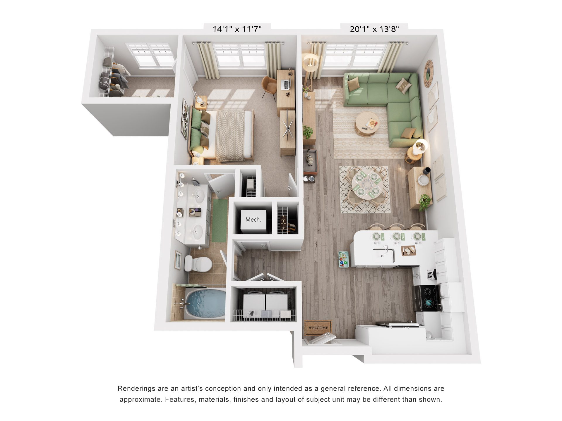 Floor plan for 1 bed, 1 bath, 879 sqft