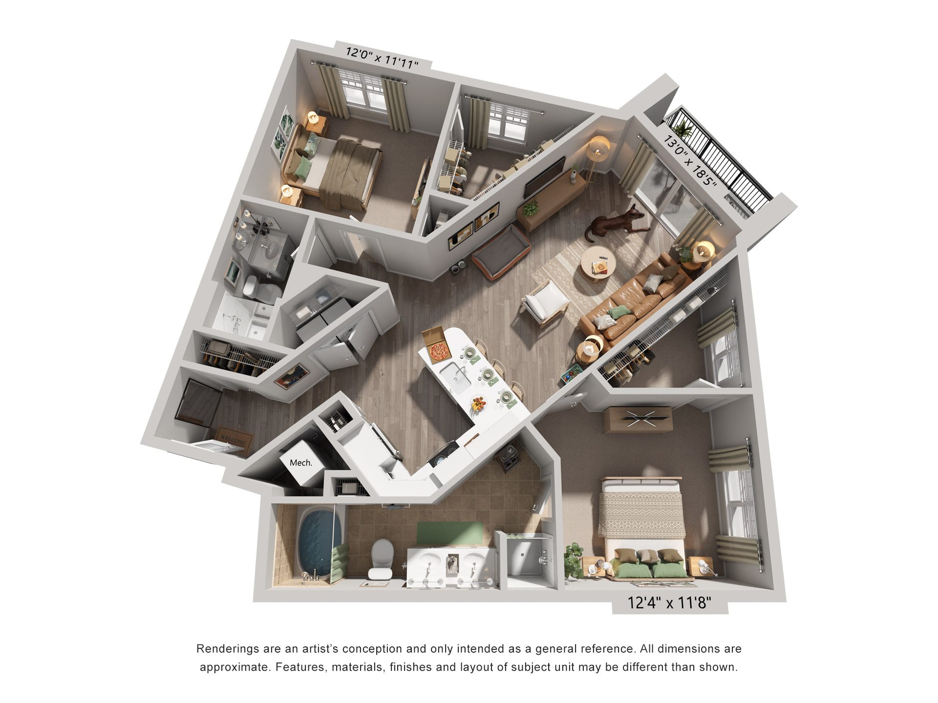 Floor plan for 2 beds, 2 baths, 1252 sqft