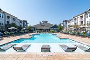 Newnan apartment for rent - A pool surrounded by lounge chairs and umbrellas with a sign that says "NO DIVING".