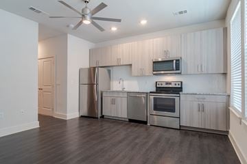 Newnan apartment for rent - A modern kitchen with stainless steel appliances and wooden floors.
