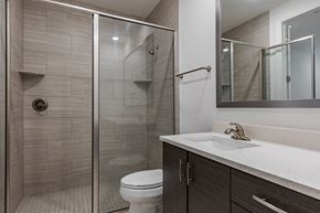 Santa Rosa Beach apartment for rent - A modern bathroom with a walk-in shower and a white toilet.