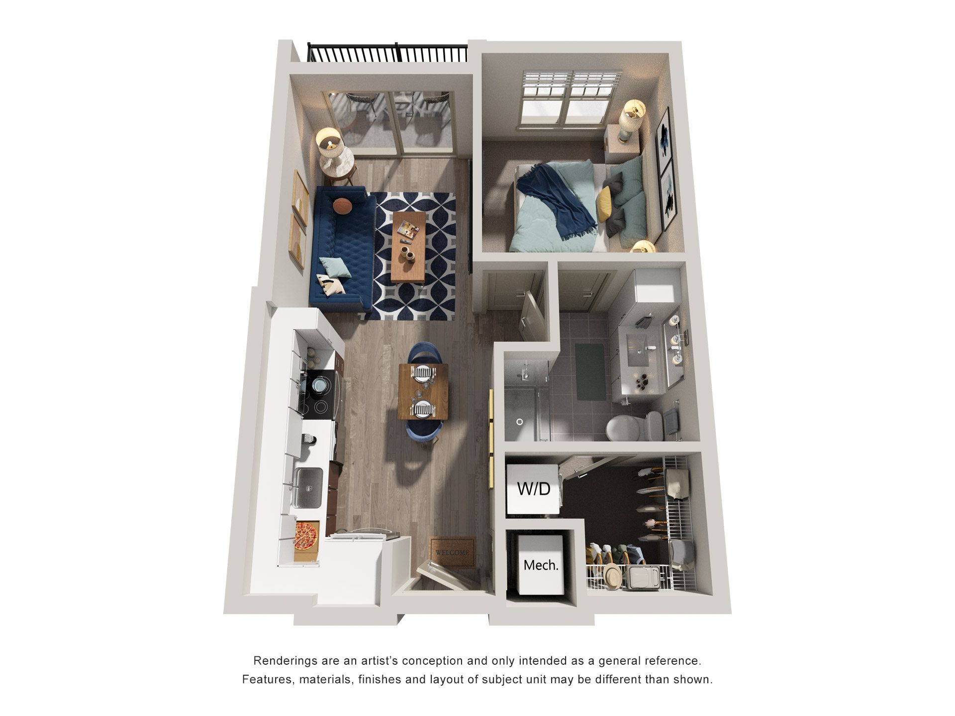Floor plan for 1 bed, 1 bath, 656 sqft