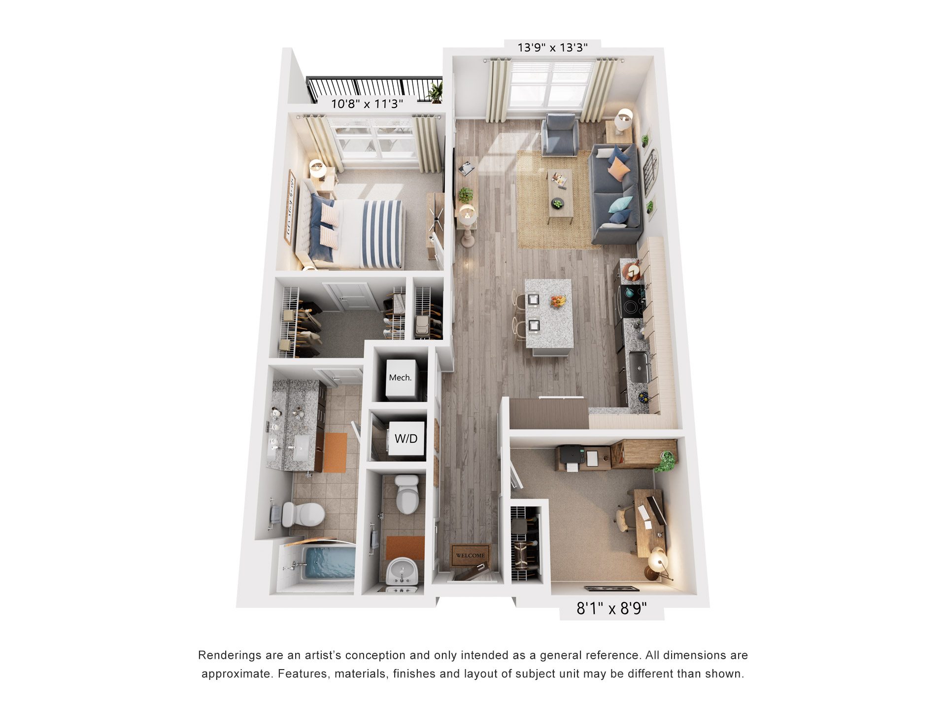 Floor plan for 1 bed, 1.5 baths, 887 sqft