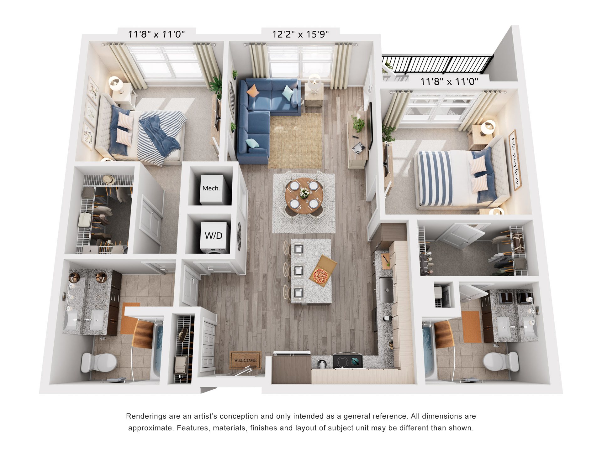 Floor plan for 2 beds, 2 baths, 1017 sqft