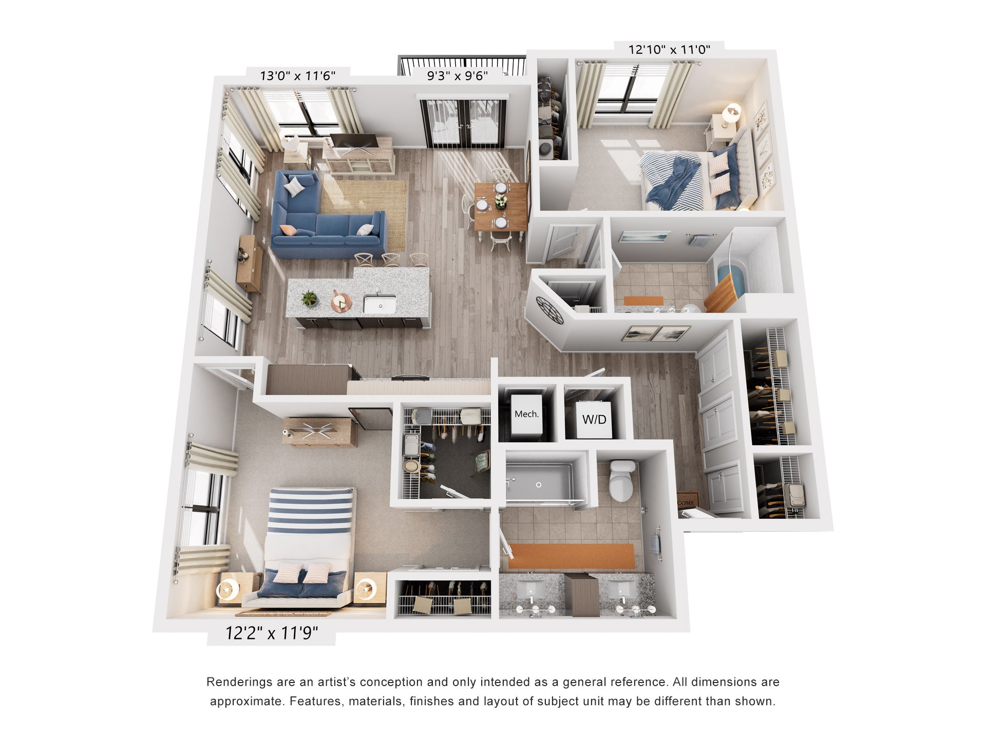 Floor plan for 2 beds, 2 baths, 1240 sqft
