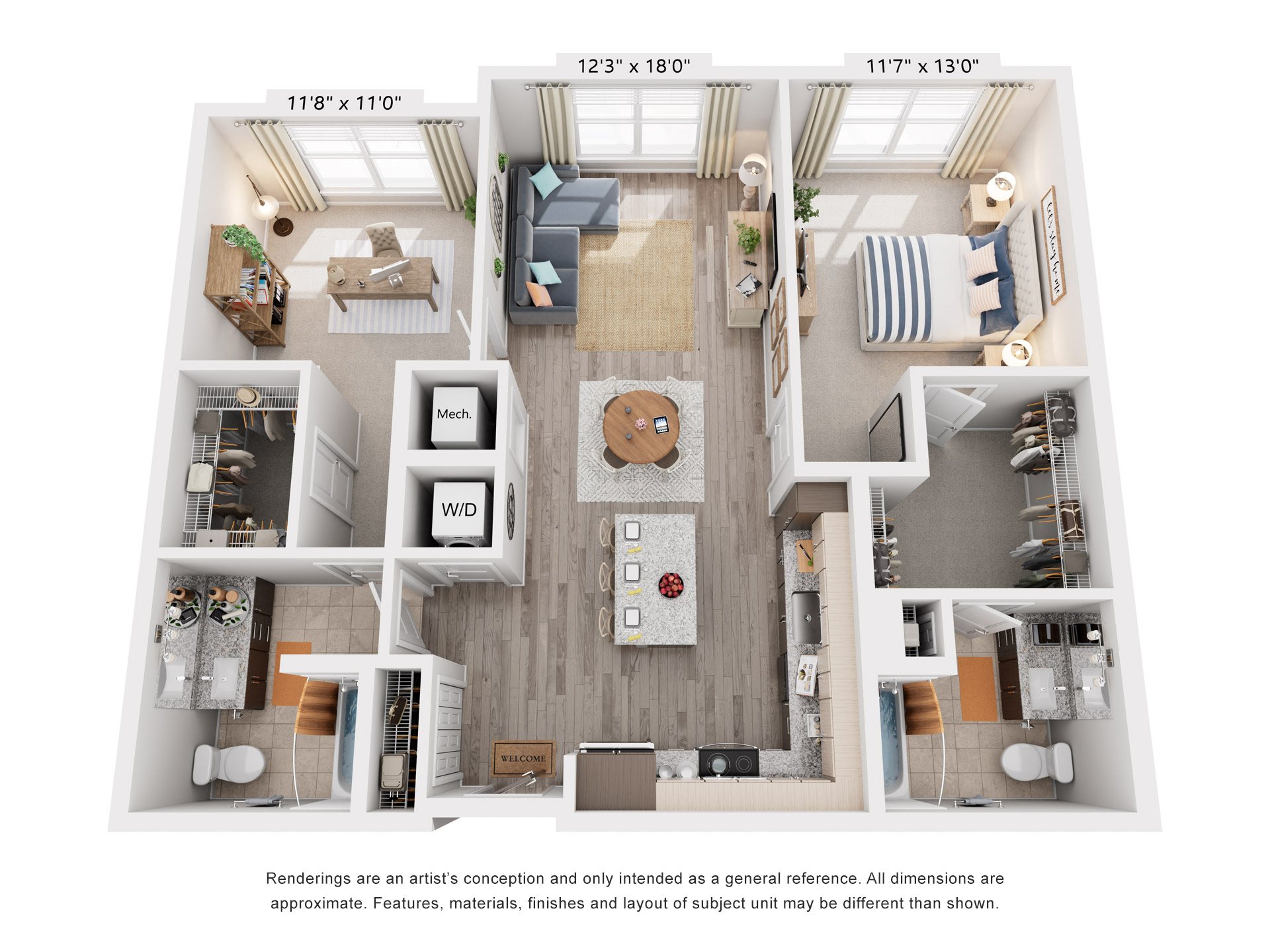 Floor plan for 2 beds, 2 baths, 1108 sqft