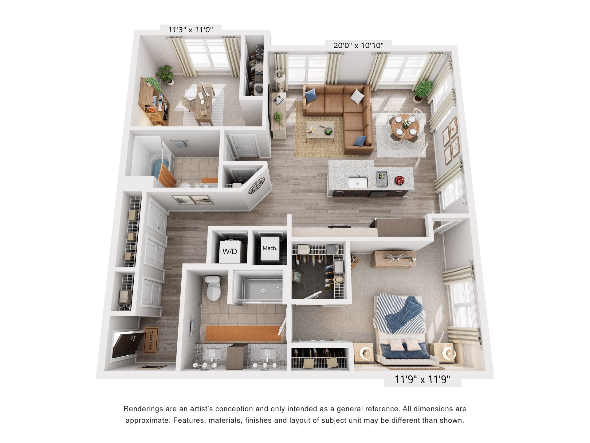 Floor plan for 2 beds, 2 baths, 1228 sqft