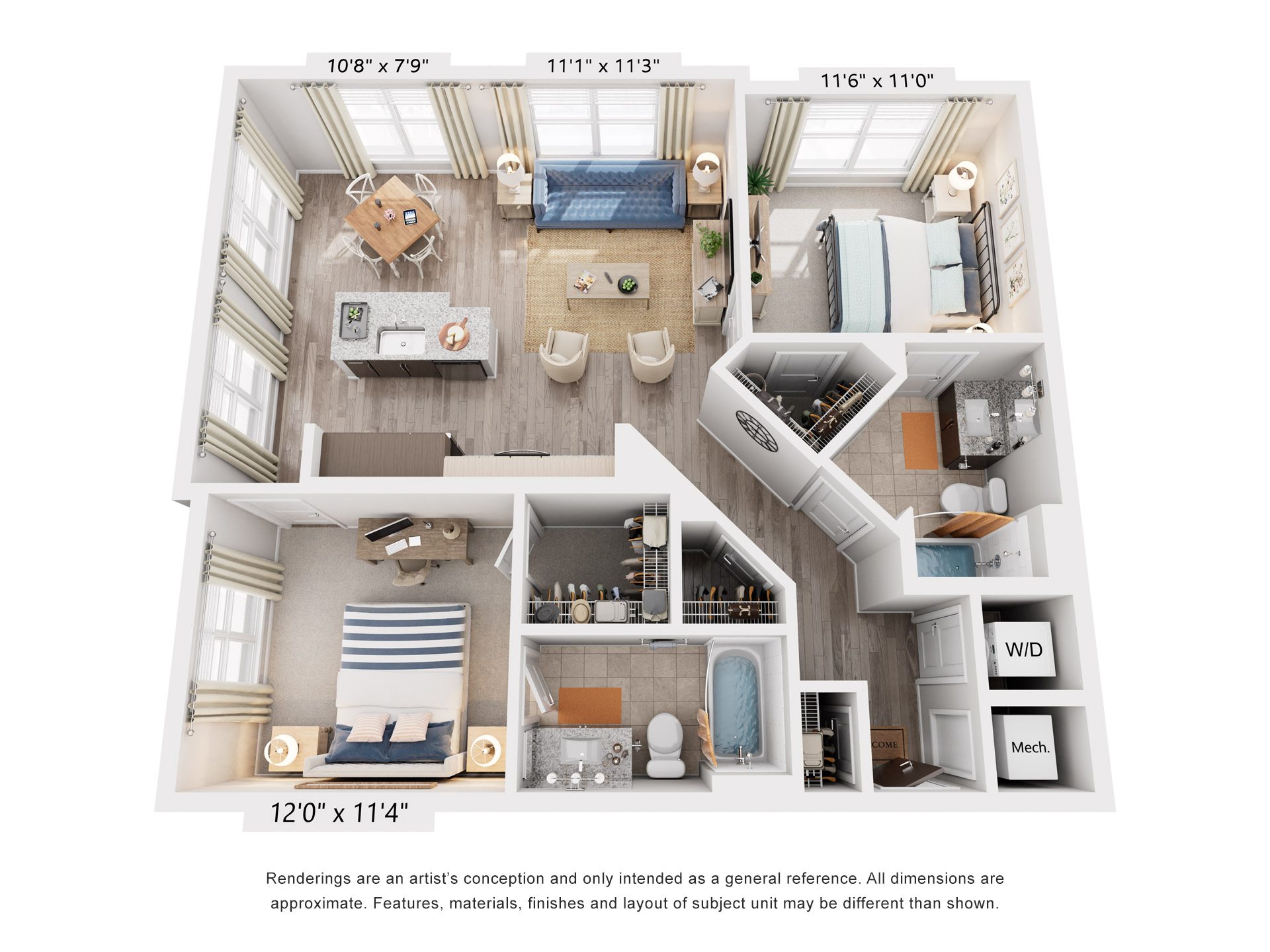 Floor plan for 2 beds, 2 baths, 1020 sqft