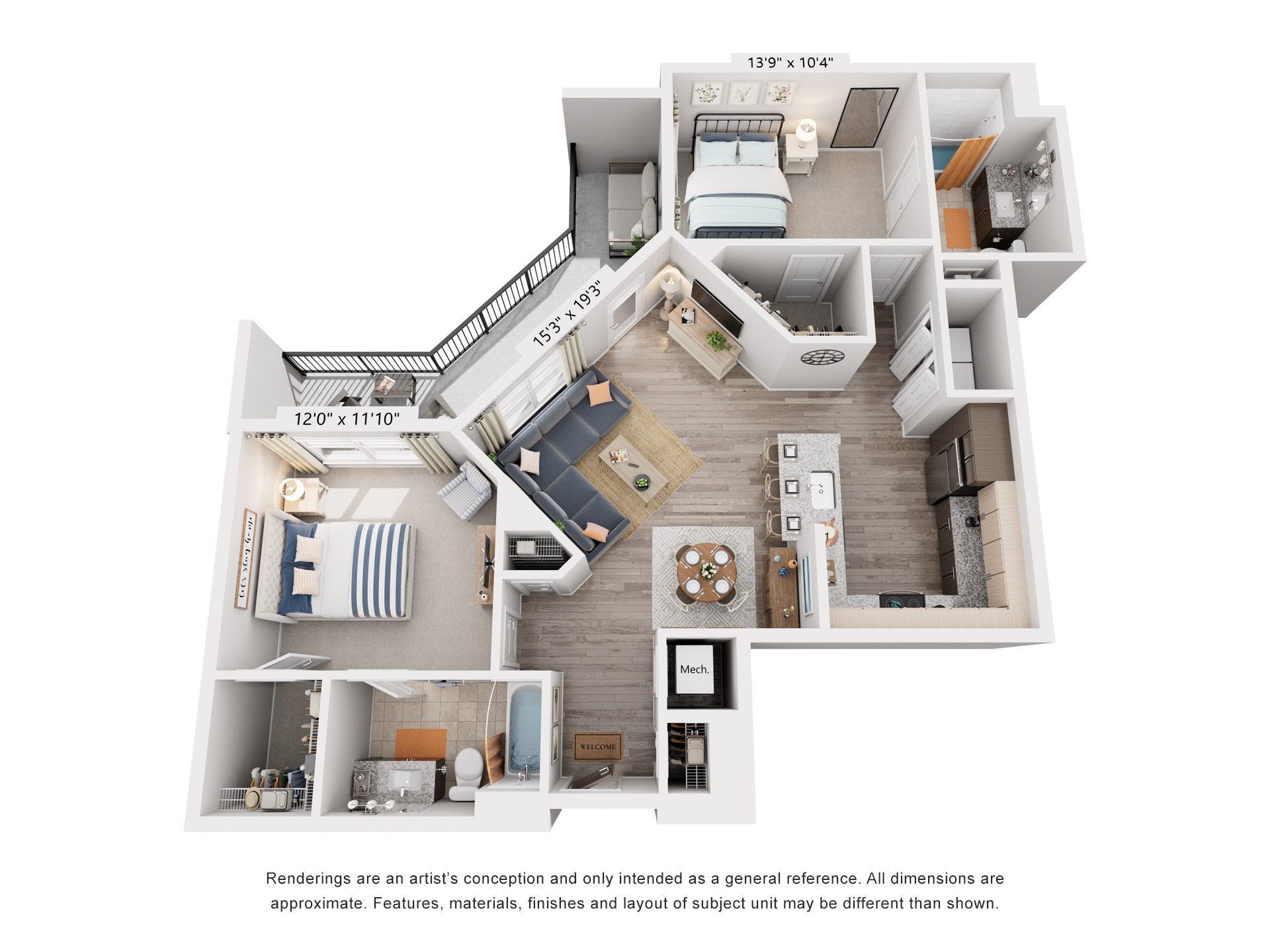 Floor plan for 2 beds, 2 baths, 1094 sqft