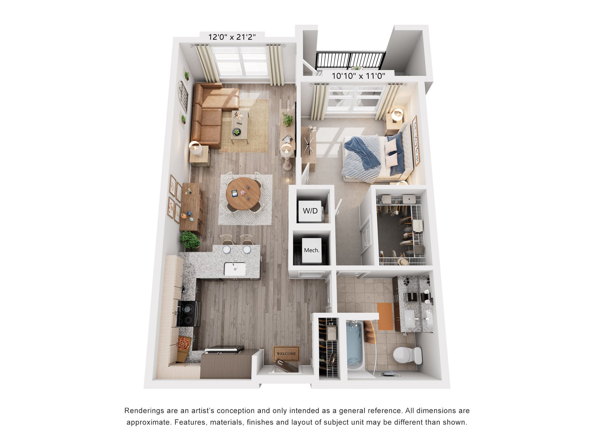 Floor plan for 1 bed, 1 bath, 779 sqft