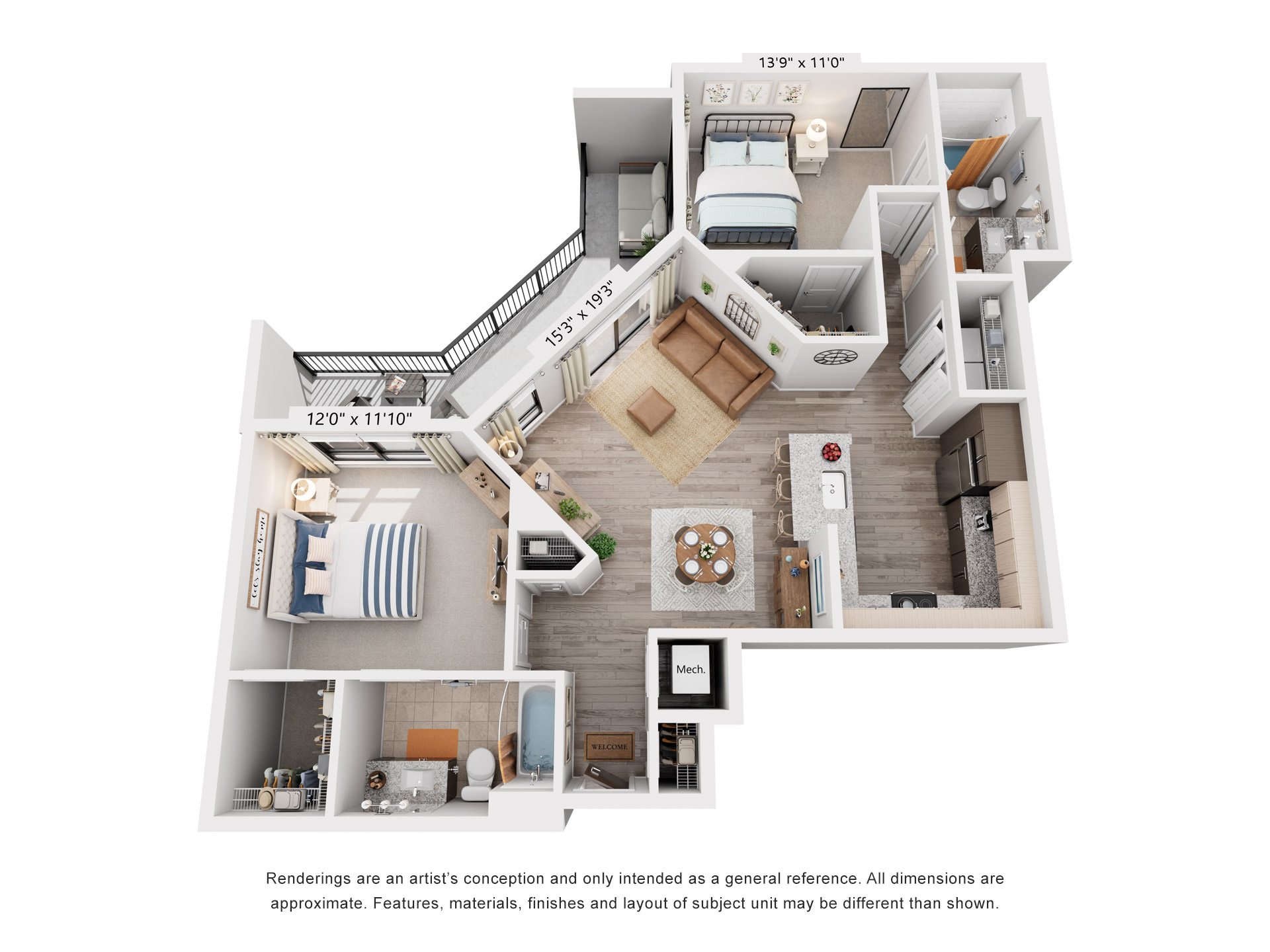 Floor plan for 2 beds, 2 baths, 1075 sqft