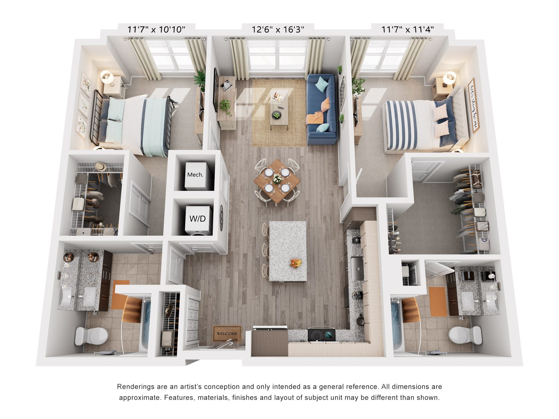 Floor plan for 2 beds, 2 baths, 1066 sqft
