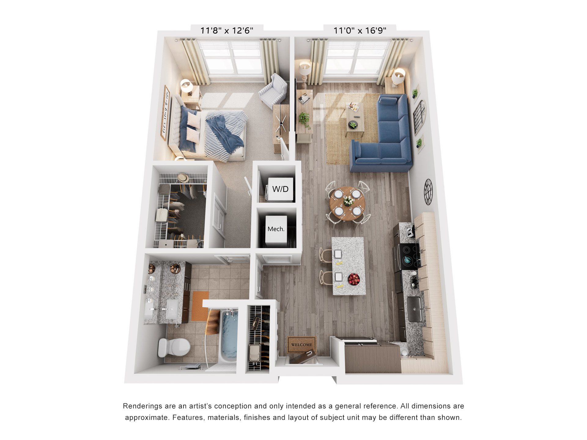 Floor plan for 1 bed, 1 bath, 760 sqft