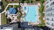 Woodbridge apartment for rent - an aerial view of a large swimming pool surrounded by buildings and trees at Rivergate, Virginia, 22191