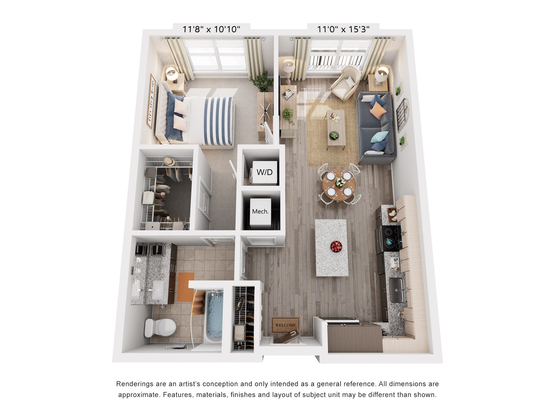 Floor plan for 1 bed, 1 bath, 722 sqft