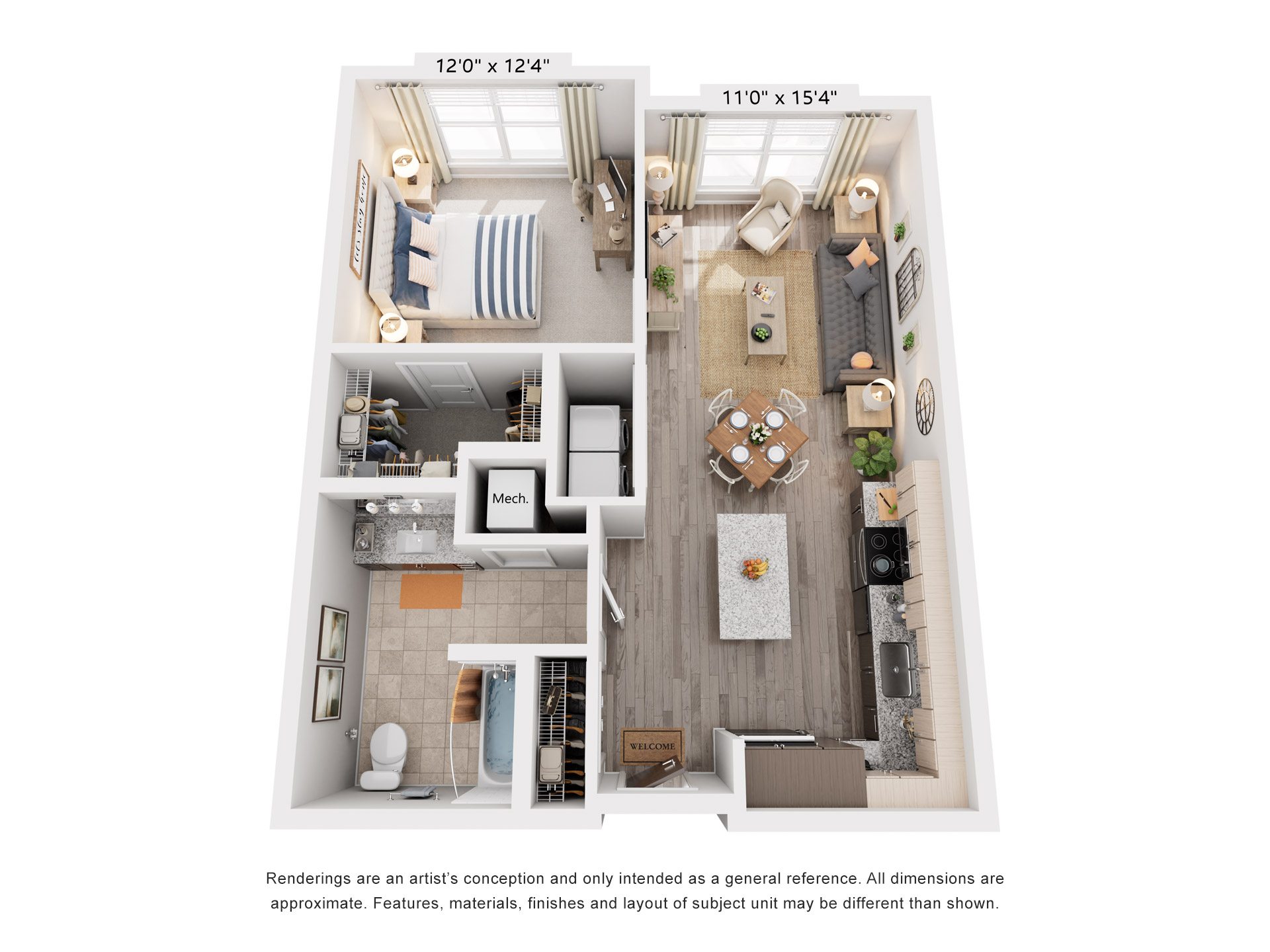 Floor plan for 1 bed, 1 bath, 742 sqft