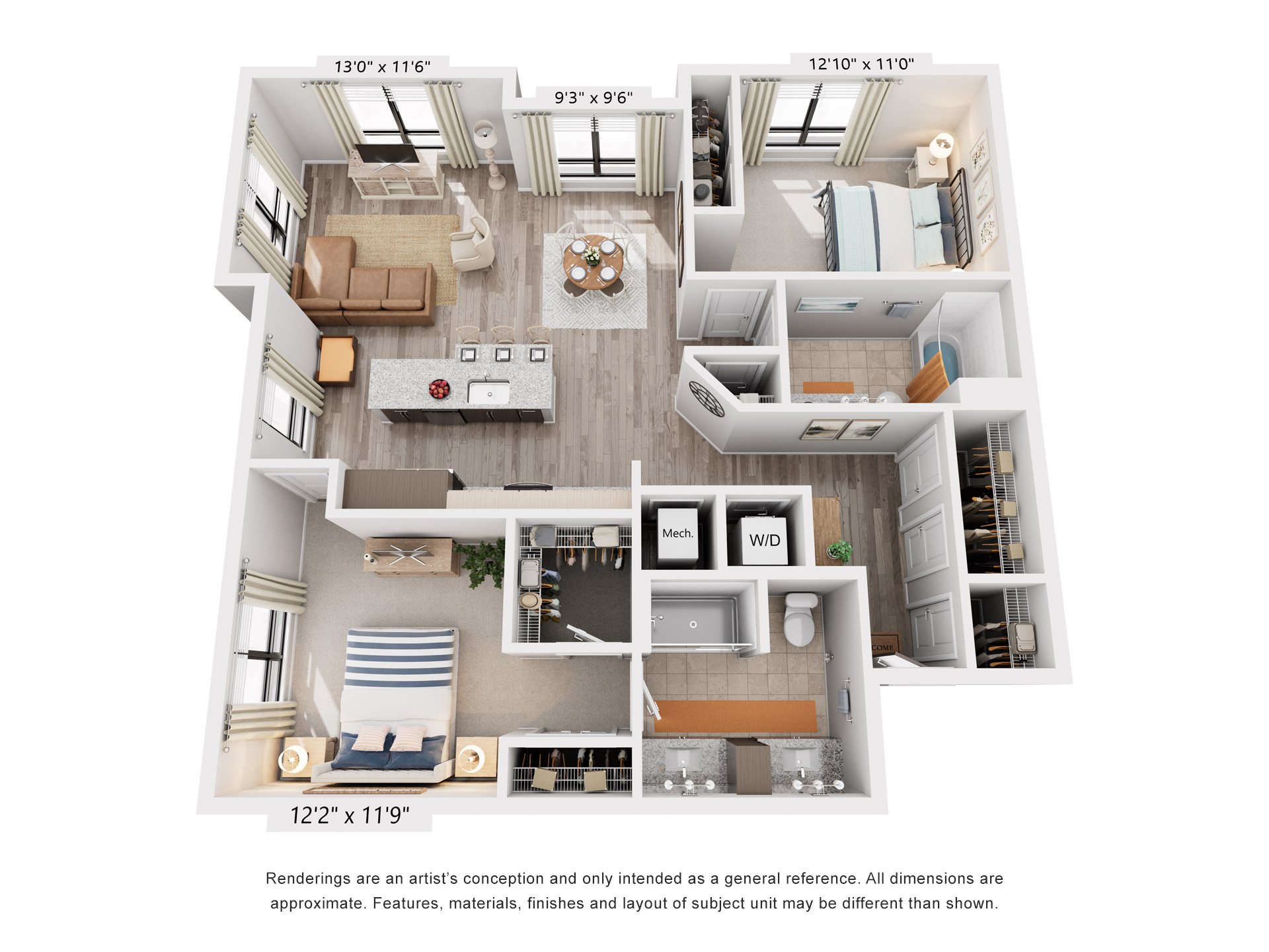 Floor plan for 2 beds, 2 baths, 1289 sqft