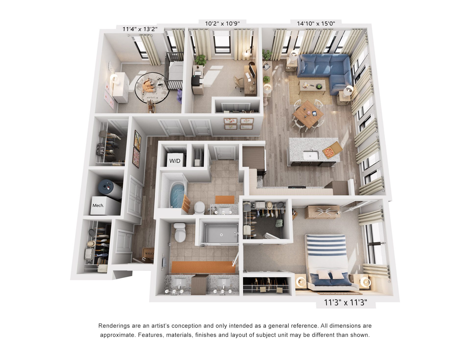 Floor plan for 3 beds, 2 baths, 1382 sqft