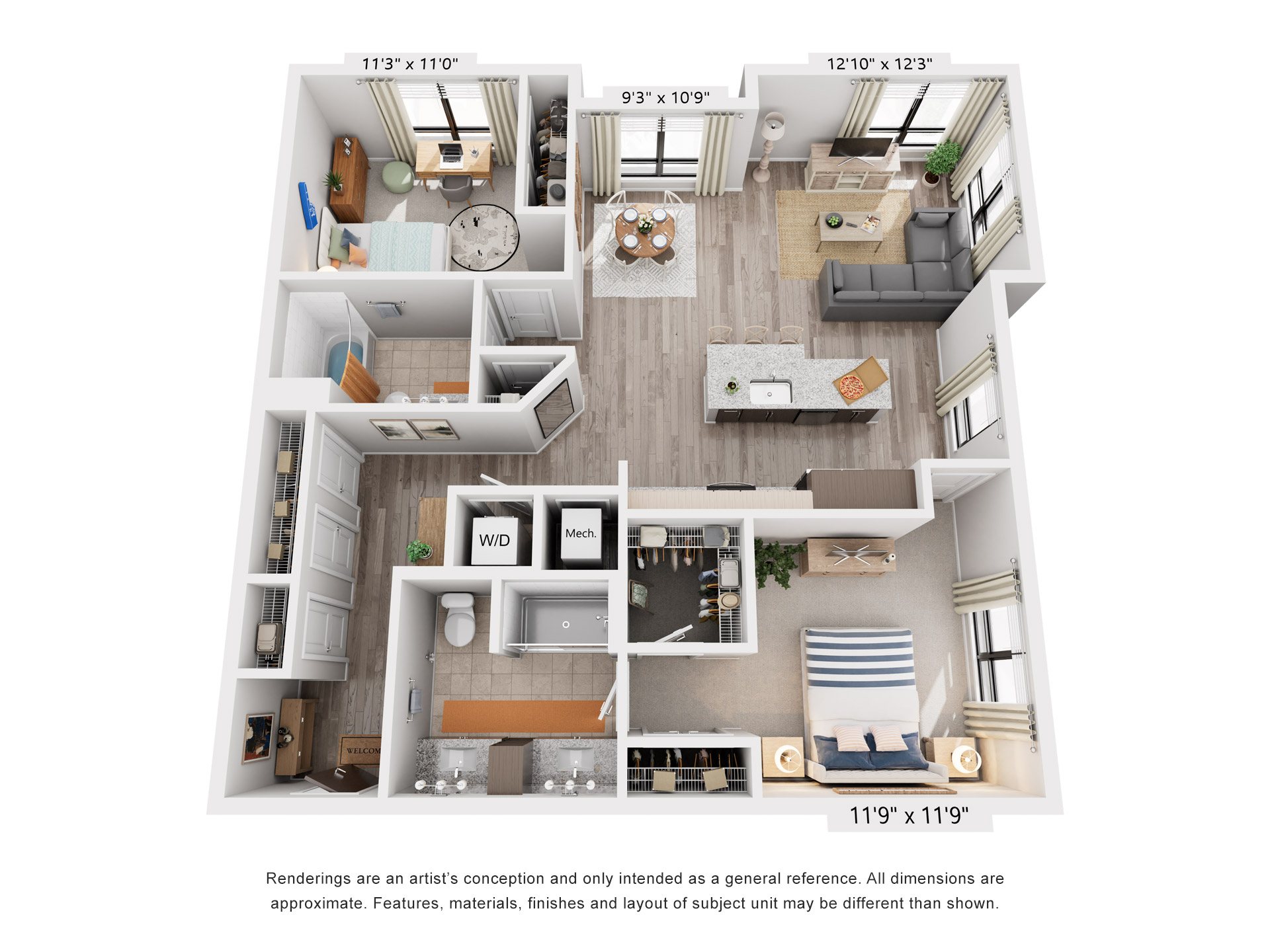 Floor plan for 2 beds, 2 baths, 1276 sqft