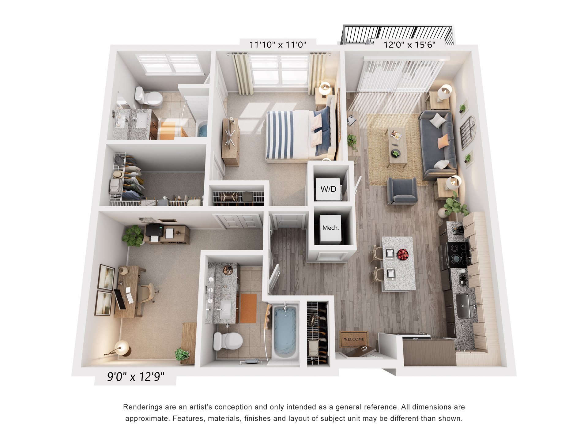 Floor plan for 1 bed, 2 baths, 991 sqft
