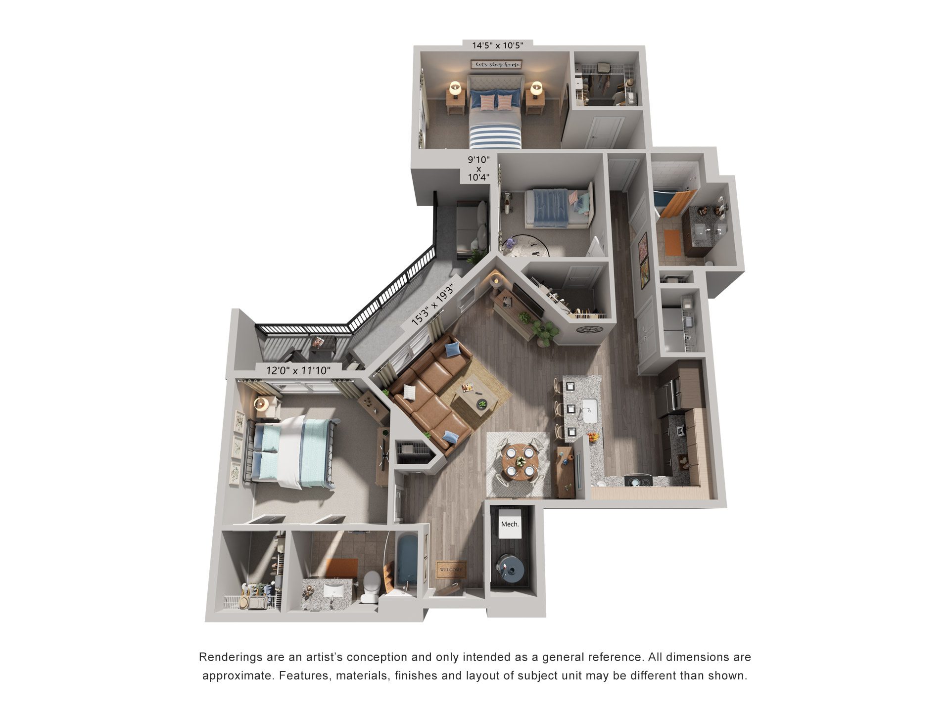 Floor plan for 3 beds, 2 baths, 1340 sqft