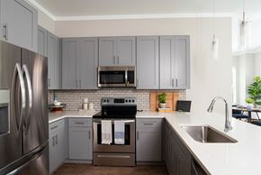 Chattanooga apartment for rent - a kitchen with stainless steel appliances and white cabinets at One Riverside Apartments, Tennessee, 37403