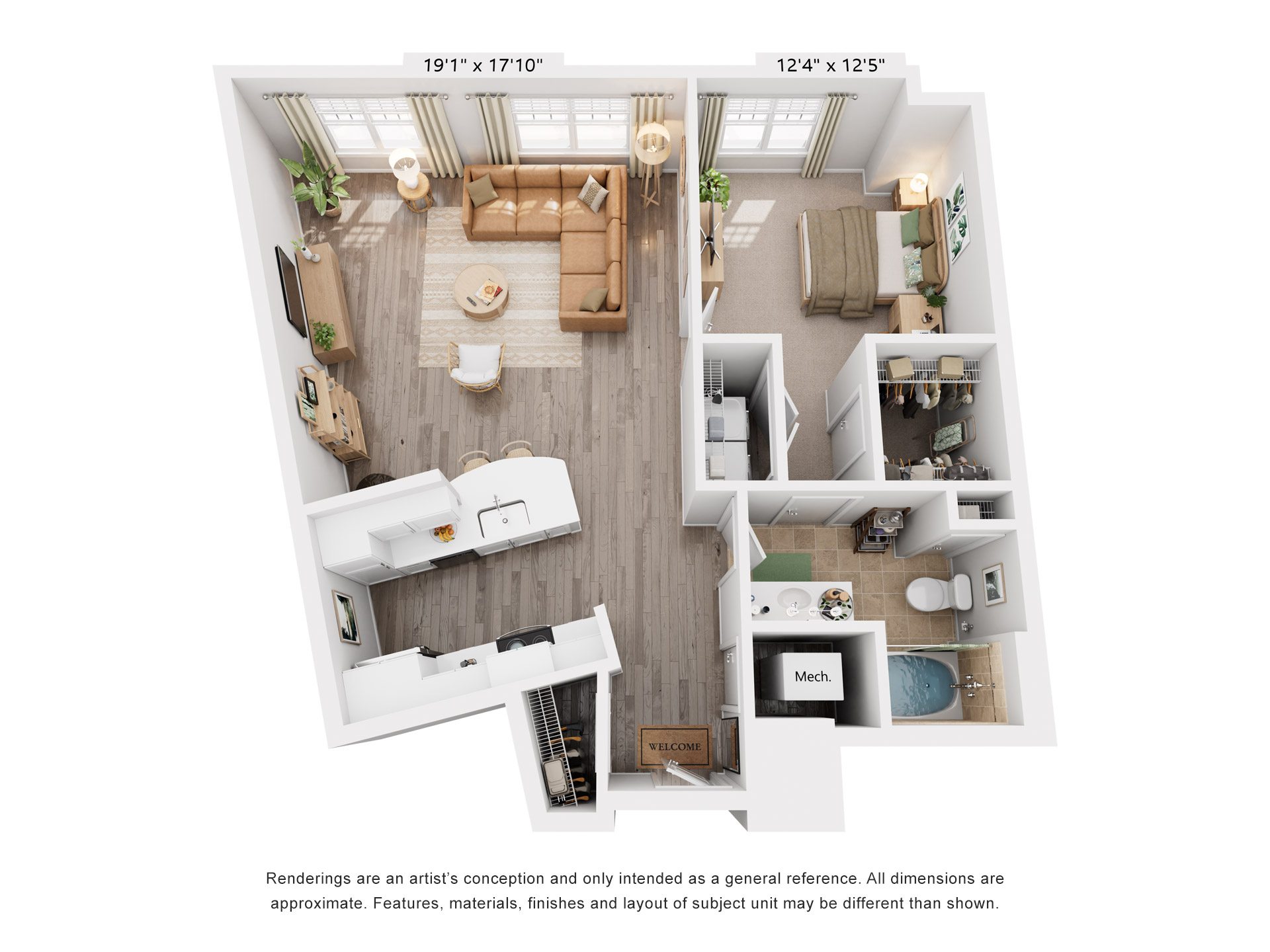Floor plan for 1 bed, 1 bath, 910 sqft