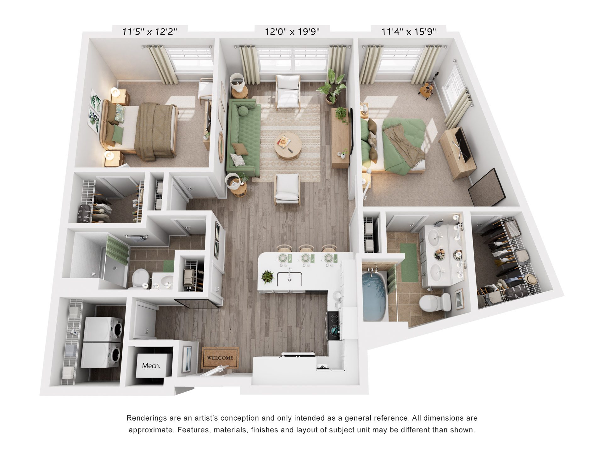 Floor plan for 2 beds, 2 baths, 1086 sqft