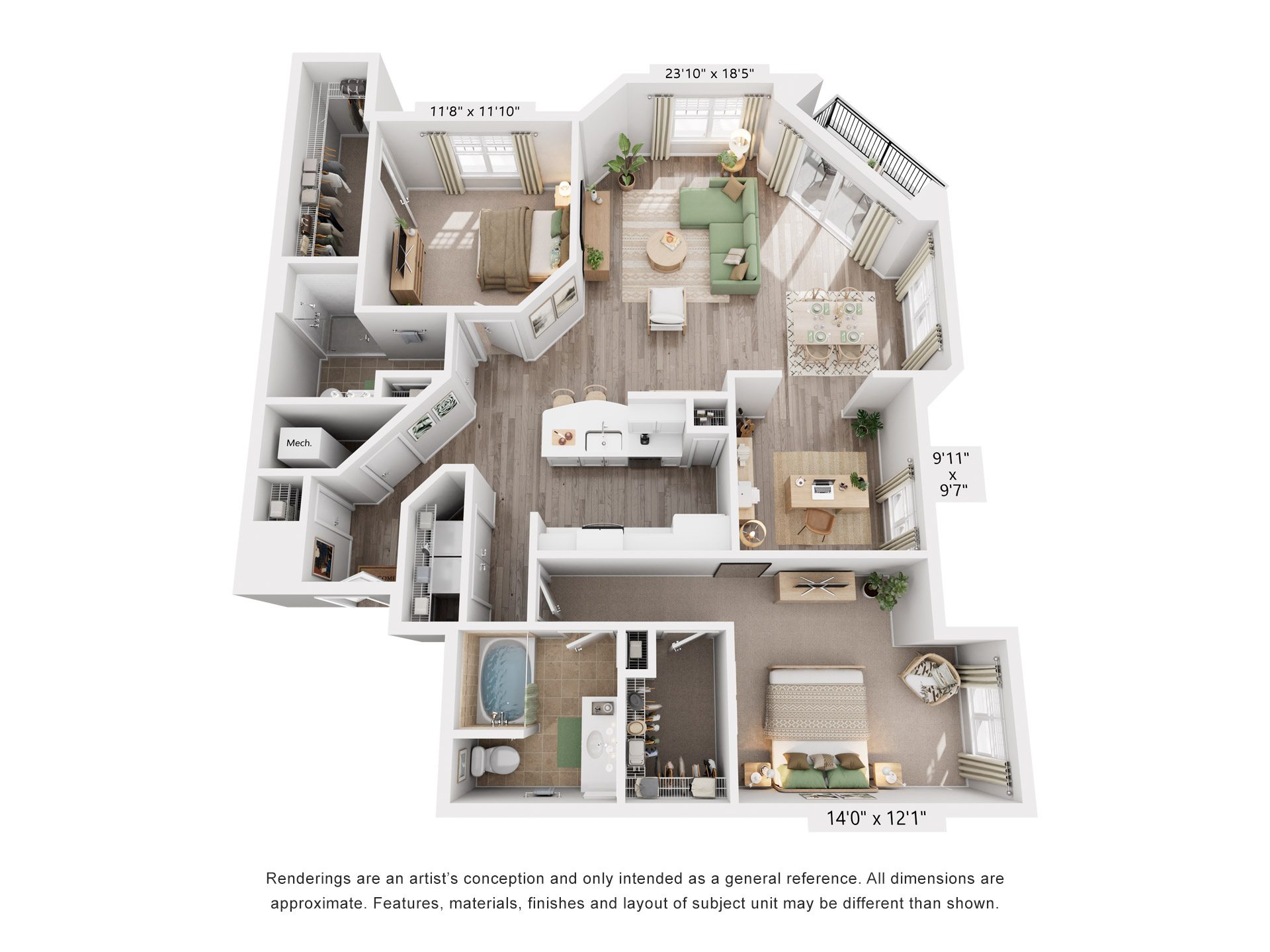 Floor plan for 2 beds, 2 baths, 1493 sqft