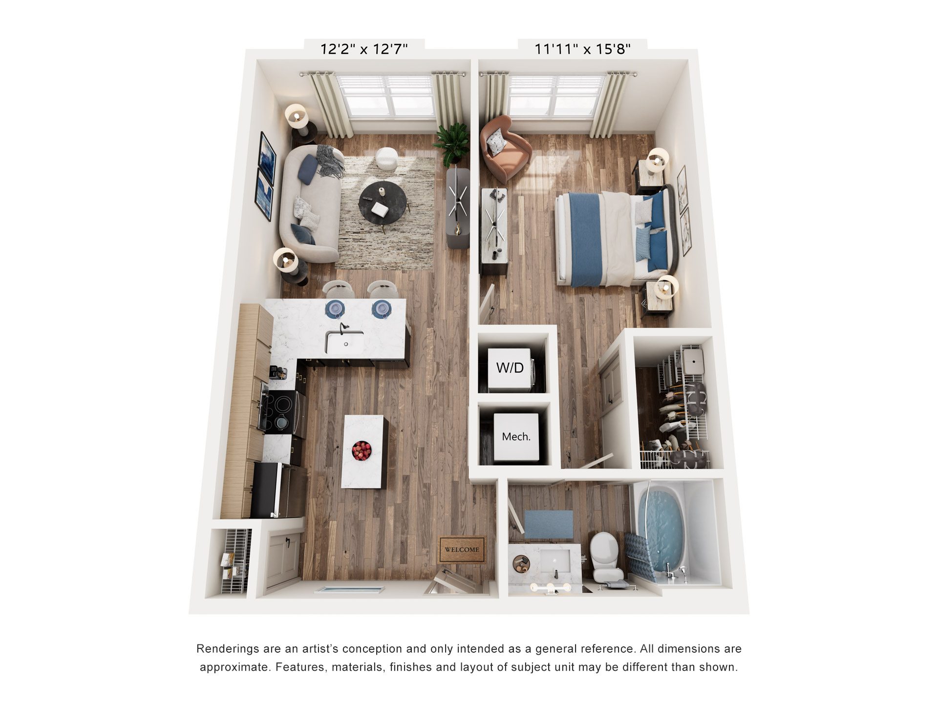 Floor plan for 1 bed, 1 bath, 700 sqft