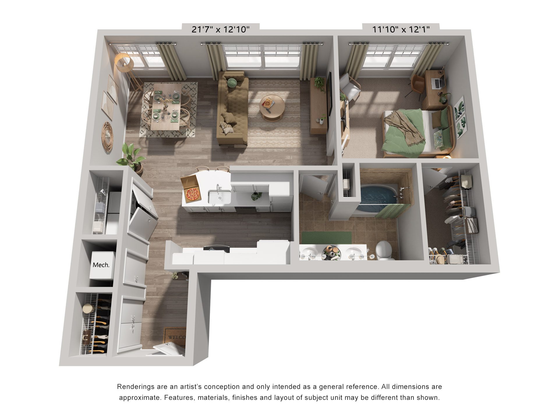 Floor plan for 1 bed, 1 bath, 849 sqft