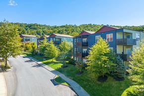 Asheville apartment for rent - an aerial view of a row of houses with trees and a road