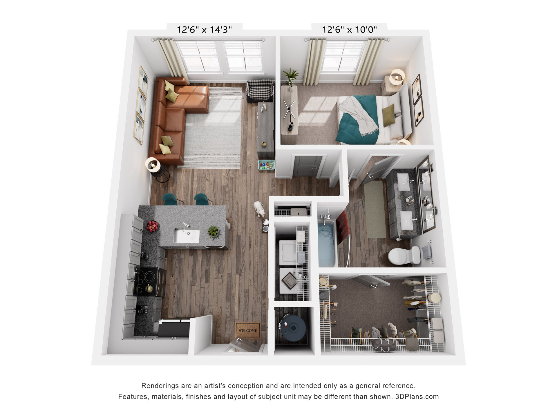 Floor plan for 1 bed, 1 bath, 754 sqft