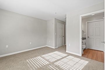 Gainesville apartment for rent - the living room of an apartment with a rug and a door to the bathroom