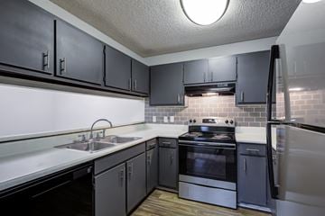 Warner Robins apartment for rent - A kitchen with black cabinets and stainless steel appliances.