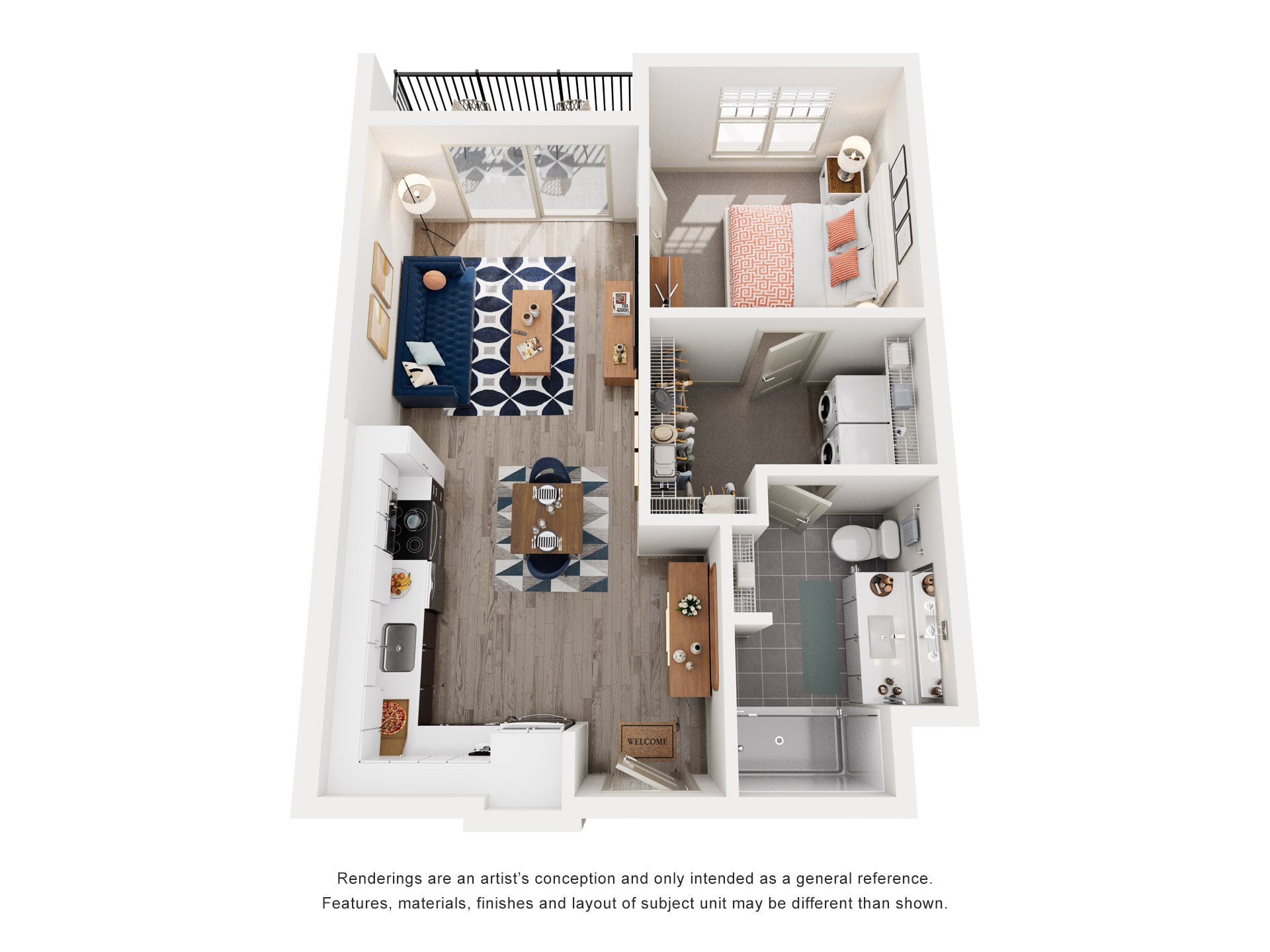 Floor plan for 1 bed, 1 bath, 705 sqft